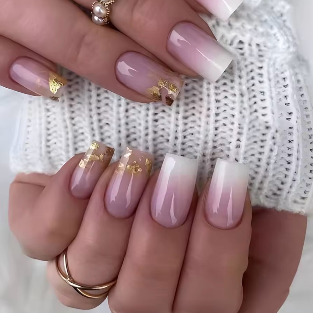 24 Pc Nude Pink Gold Foil Press On Nails